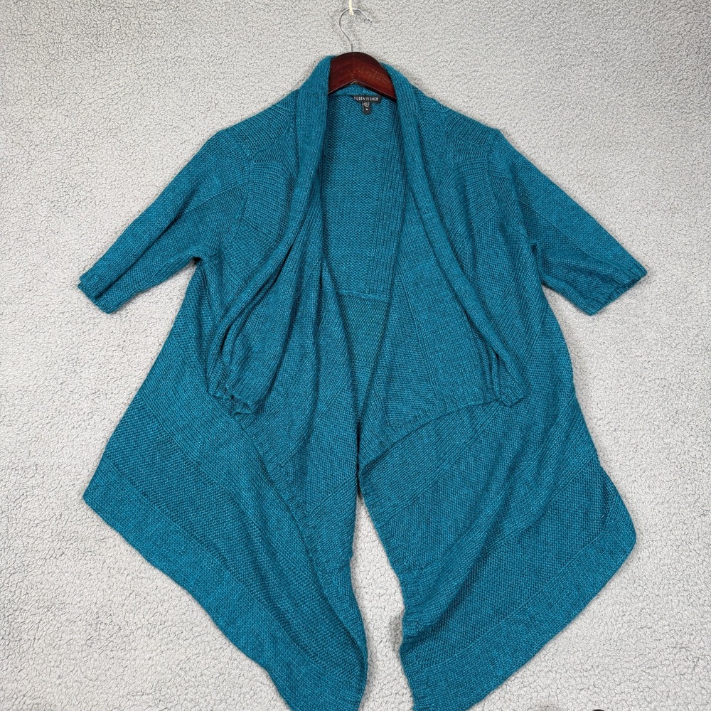 Eileen Fisher Open Front Cardigan Womens M Blue Draped Alpaca Silk Blend Knit